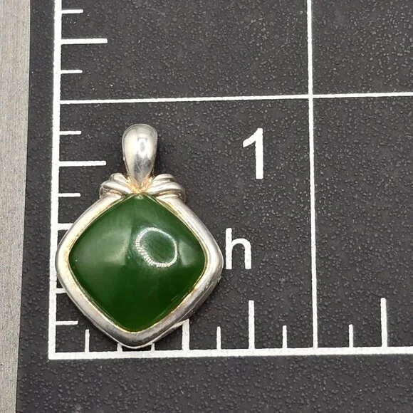 Jade Sterling Silver Square Pendant Green Gemstone 925 Hallmark Signed - Picture 4 of 7